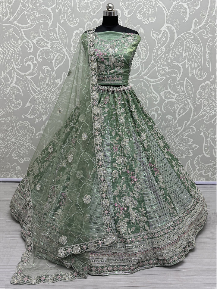 Stunning Pista Green Sequins Silk Designer Lehenga Choli With Dupatta