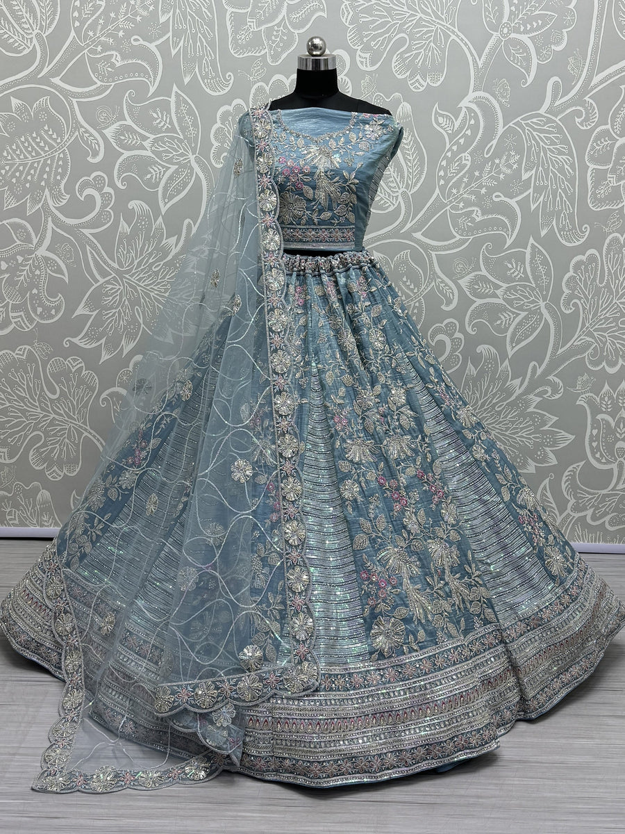 Fascinating Blue Sequins Silk Engagement Wear Lehenga Choli