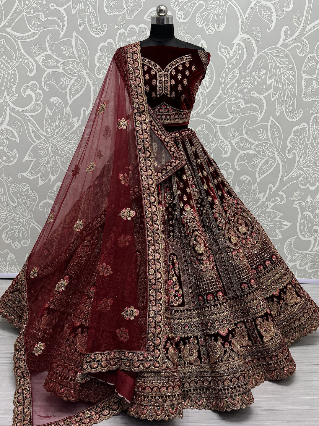 Opulent Maroon Velvet Lehenga | Bridal Choli & Double-Layered Dupatta