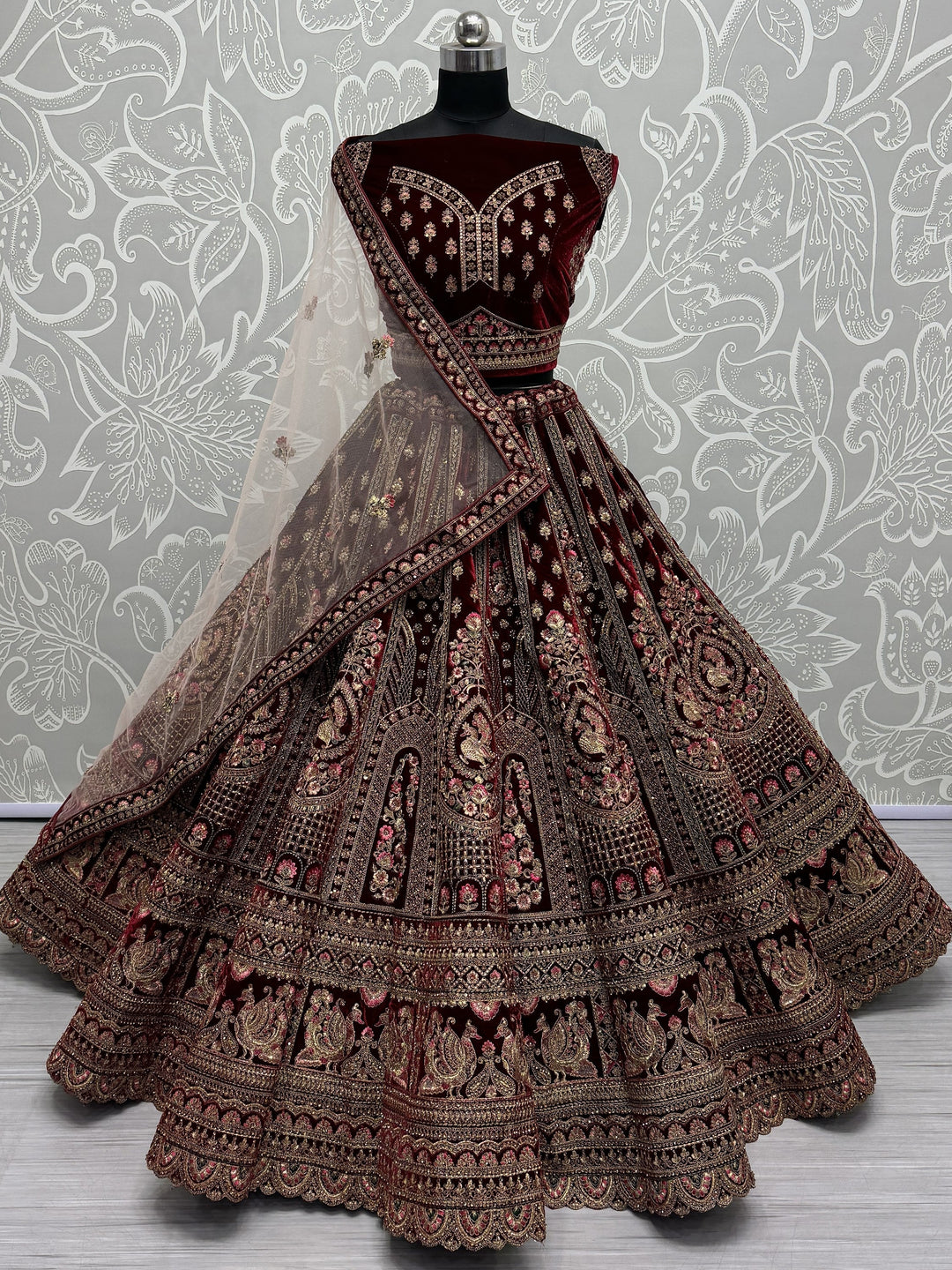 Opulent Maroon Velvet Lehenga | Bridal Choli & Double-Layered Dupatta