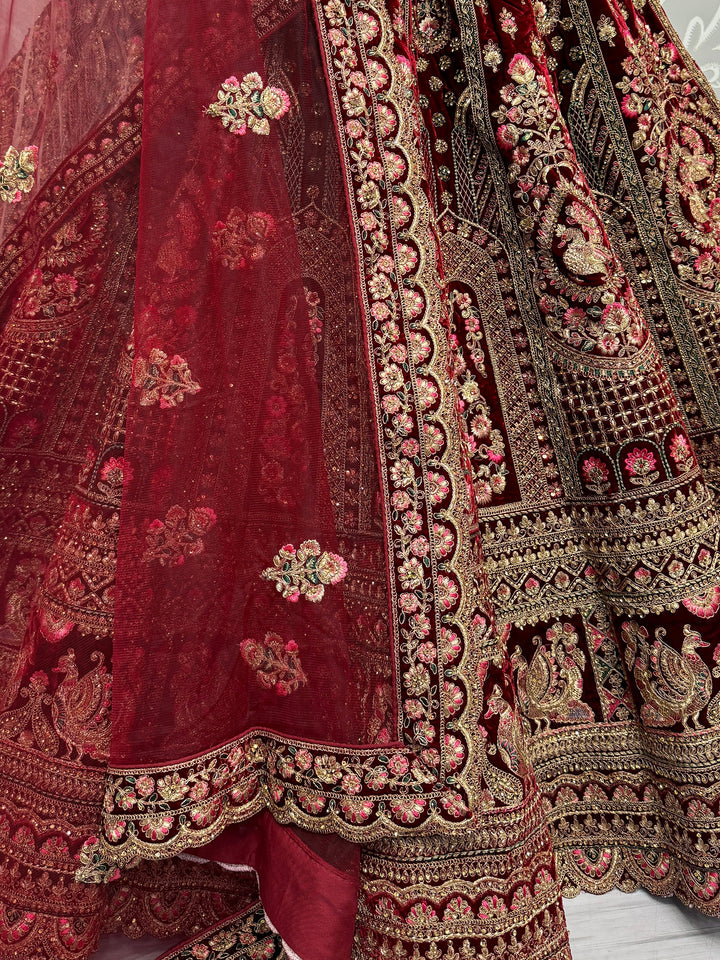 Opulent Maroon Velvet Lehenga | Bridal Choli & Double-Layered Dupatta