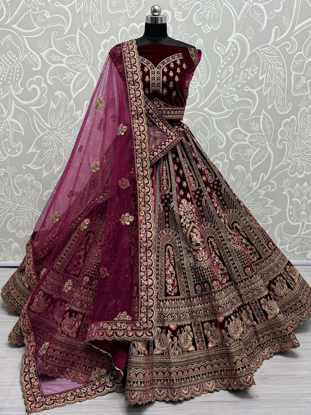 Beautiful Pink Velvet Lehenga | Bridal Choli & Net Dupatta with Butta