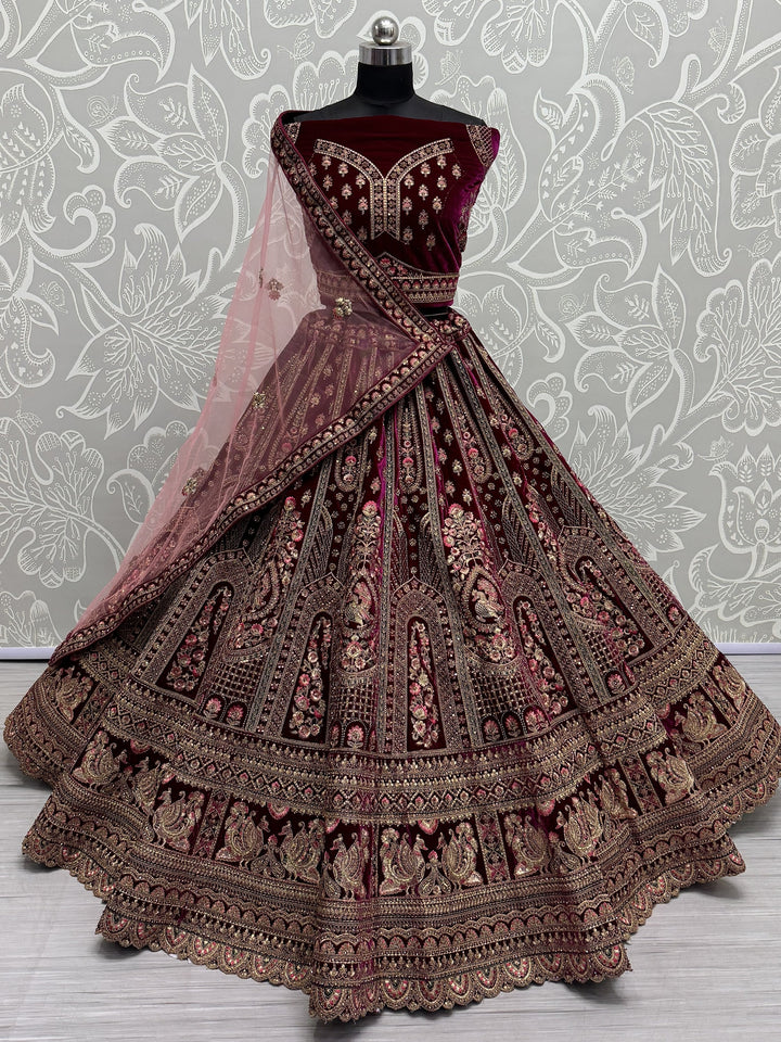 Beautiful Pink Velvet Lehenga | Bridal Choli & Net Dupatta with Butta