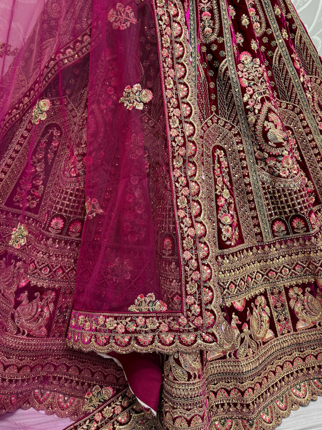 Beautiful Pink Velvet Lehenga | Bridal Choli & Net Dupatta with Butta