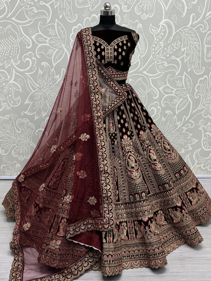 Luxe Dark Maroon Velvet Bridal Lehenga | Choli & Net Dupatta Set