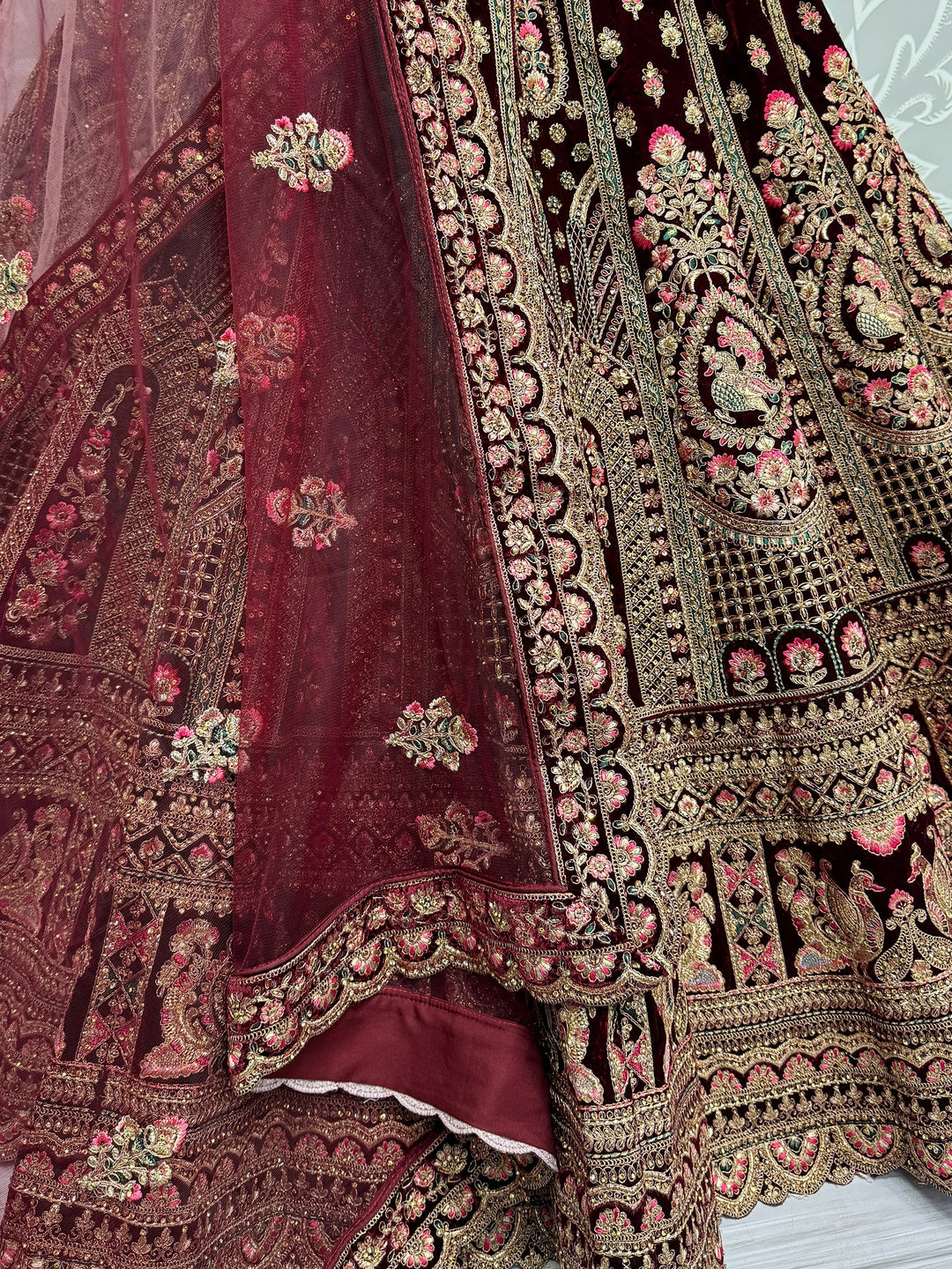 Luxe Dark Maroon Velvet Bridal Lehenga | Choli & Net Dupatta Set