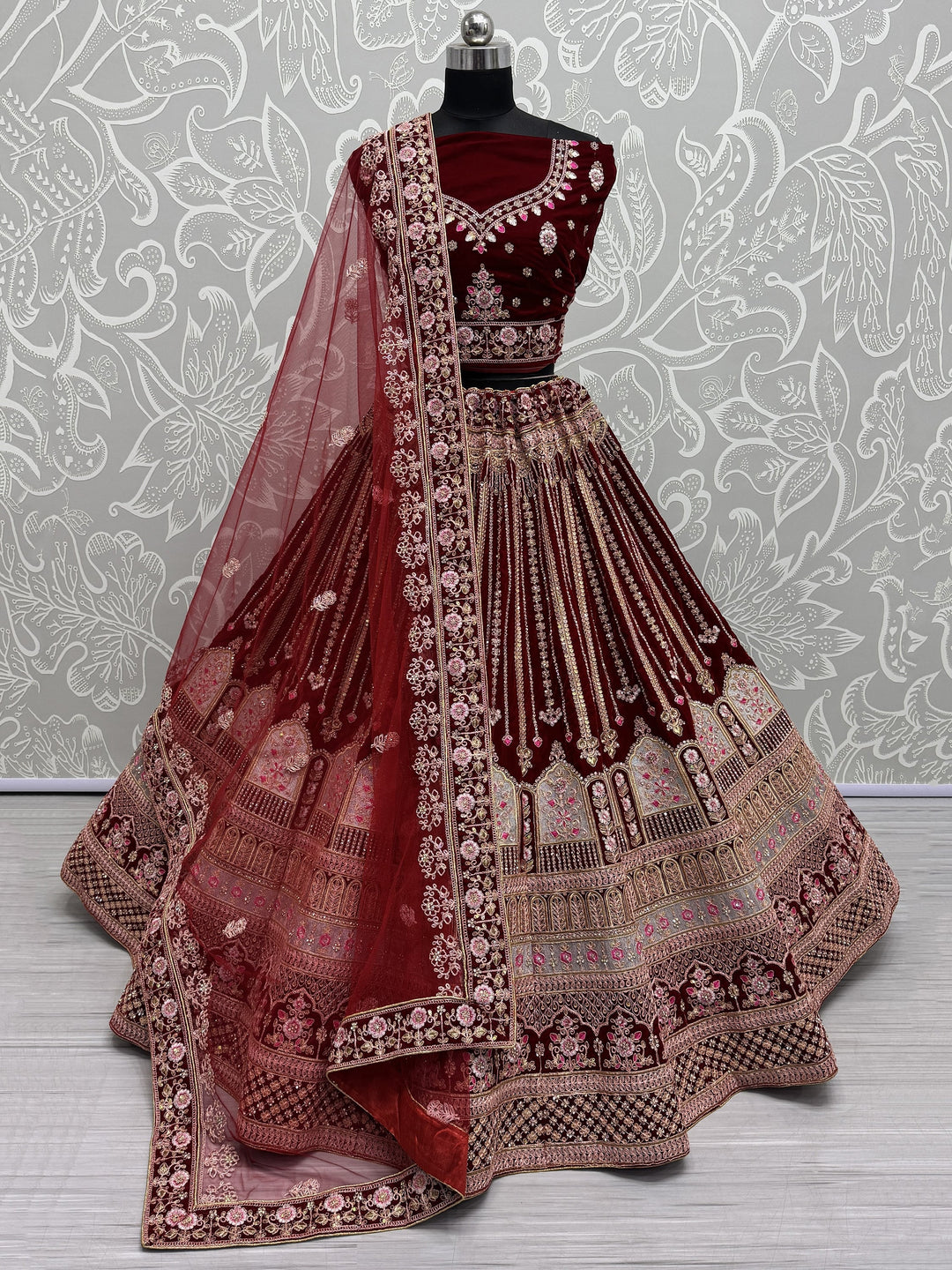 Marvelous Red Embroidered Velvet Bridal Lehenga Choli