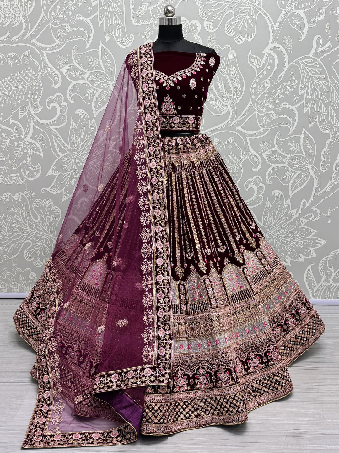 Outstanding Wine Embroidered Velvet Bridal Lehenga Choli