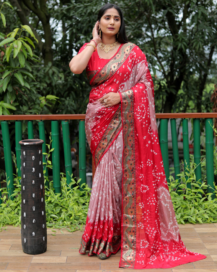 Elegant grey Bandhej Tapeta silk saree with vibrant dual-color design and intricate tie-dye effect.