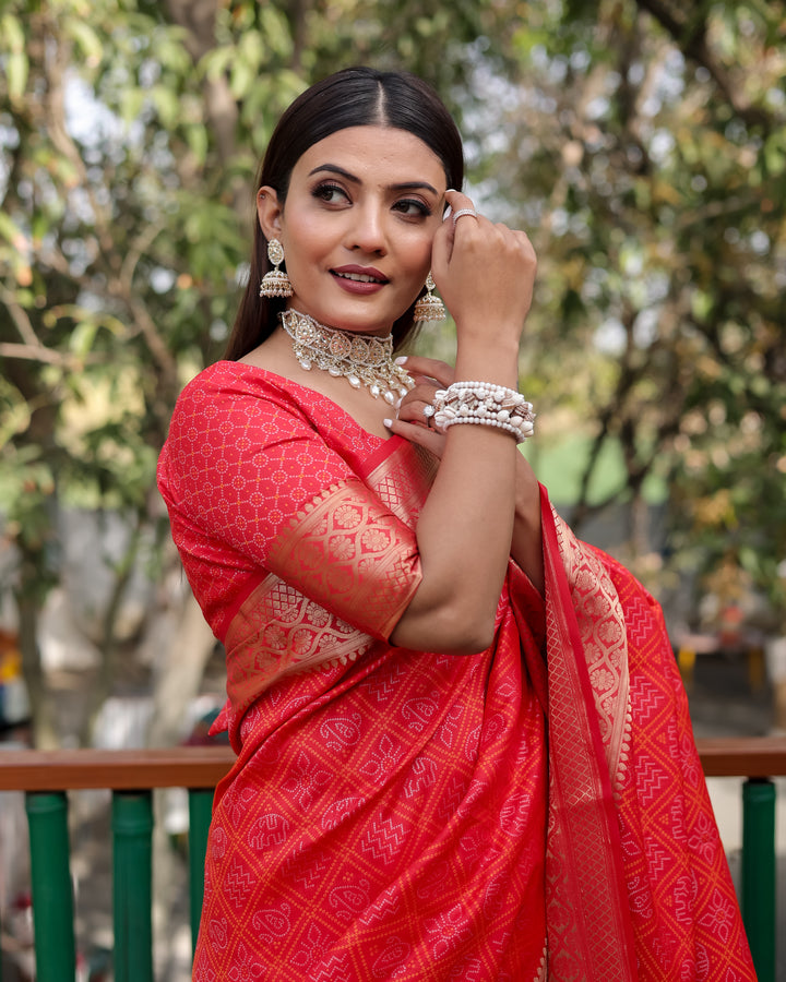 Traditional Indian saree in vibrant red featuring luxurious zari weaving and a rich pallu, perfect for cultural celebrations.