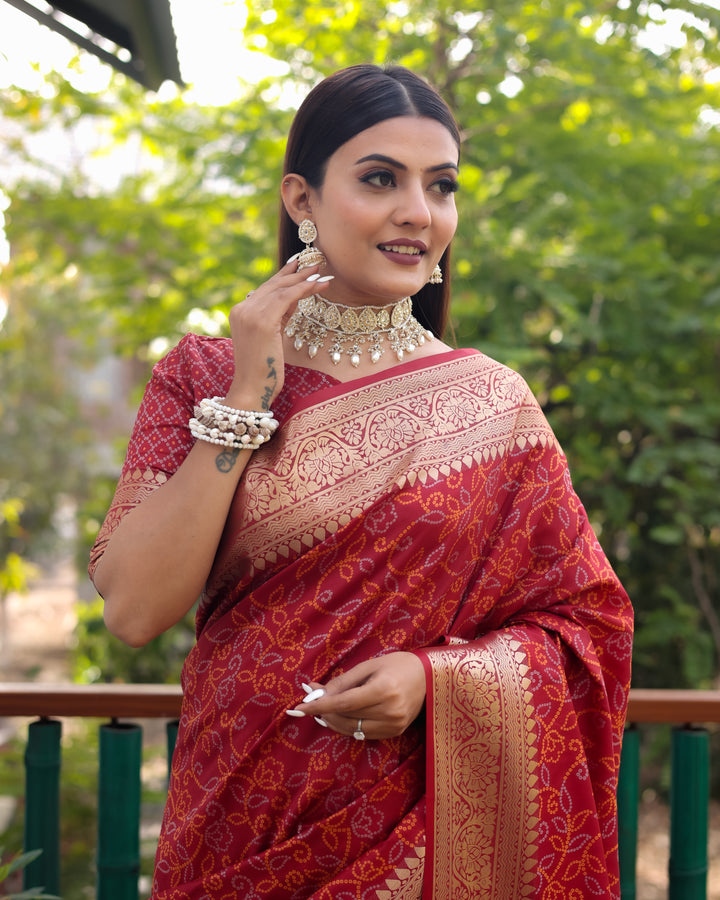 Stunning bright-pink Patola Silk Saree with intricate Zari & Kanchi borders, perfect for USA celebrations.