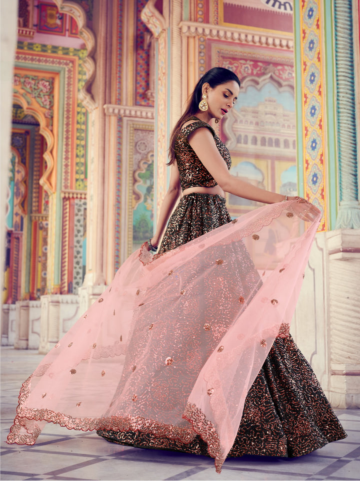 Black Lehenga with Sparkling Patterns | Peach Dupatta Festive Ensemble