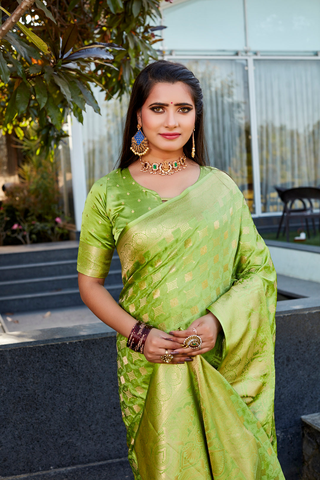 Elegant Light-Green Satin Silk Wedding Saree featuring dual weave design and luxurious pallu.