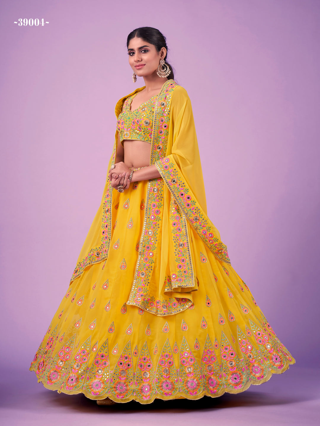 Wedding-ready Yellow Georgette Lehenga | Elegant Threadwork Included