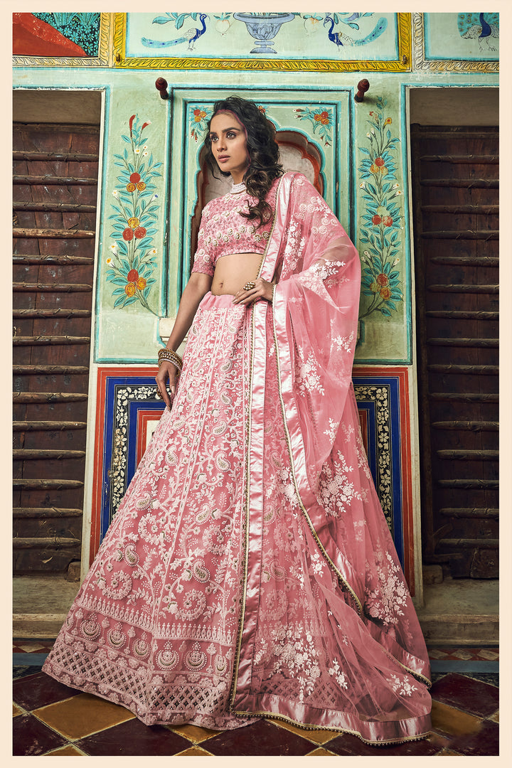 Peach Soft Net Lehenga Choli Set | Traditional Indian Wedding Wear