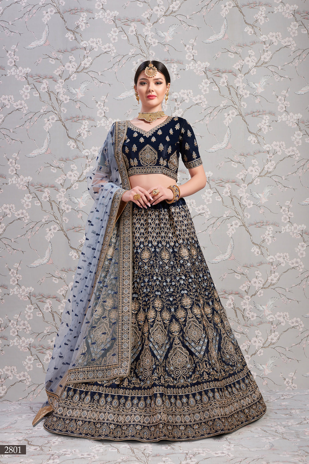 Navy Blue Satin Lehenga Choli | Zari & Thread Work Bridal Lehenga