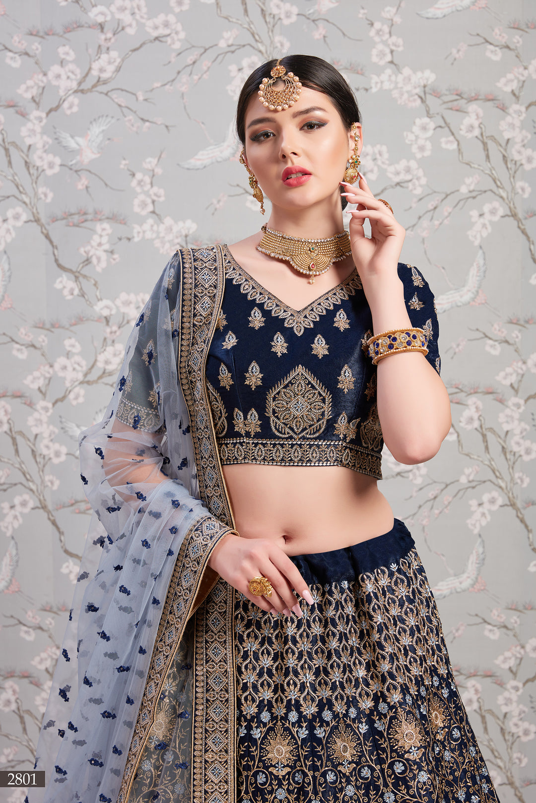 Navy Blue Satin Lehenga Choli | Zari & Thread Work Bridal Lehenga