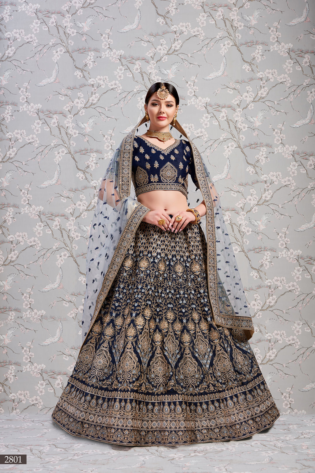 Navy Blue Satin Lehenga Choli | Zari & Thread Work Bridal Lehenga