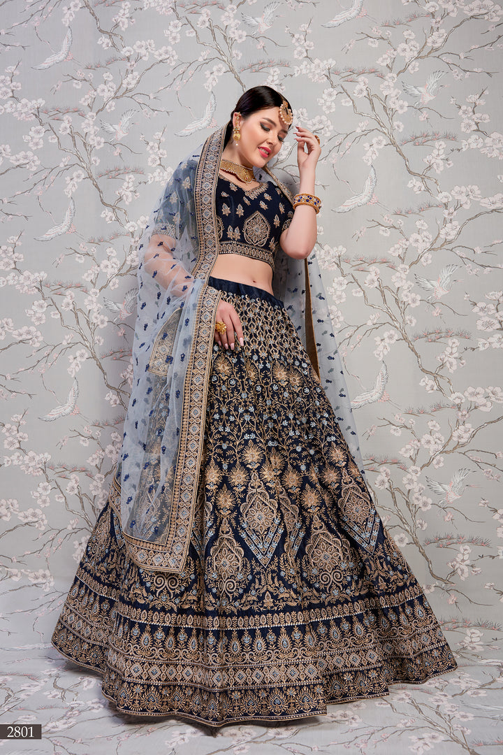 Navy Blue Satin Lehenga Choli | Zari & Thread Work Bridal Lehenga