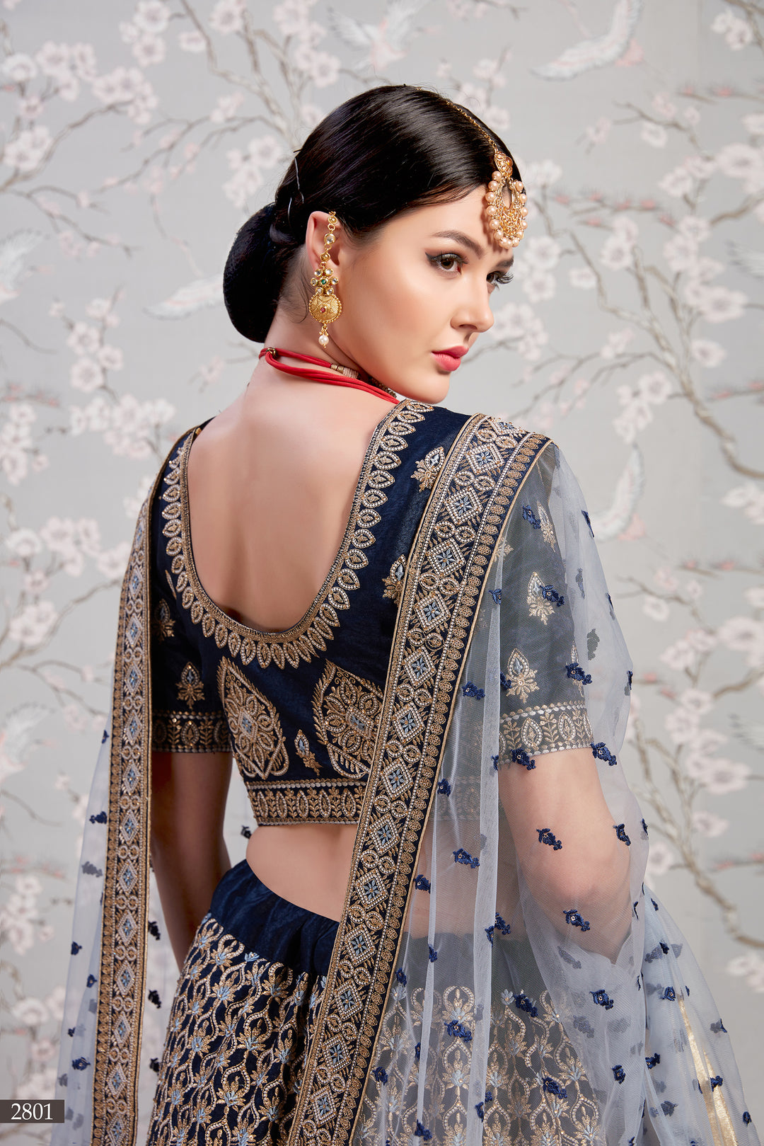 Navy Blue Satin Lehenga Choli | Zari & Thread Work Bridal Lehenga