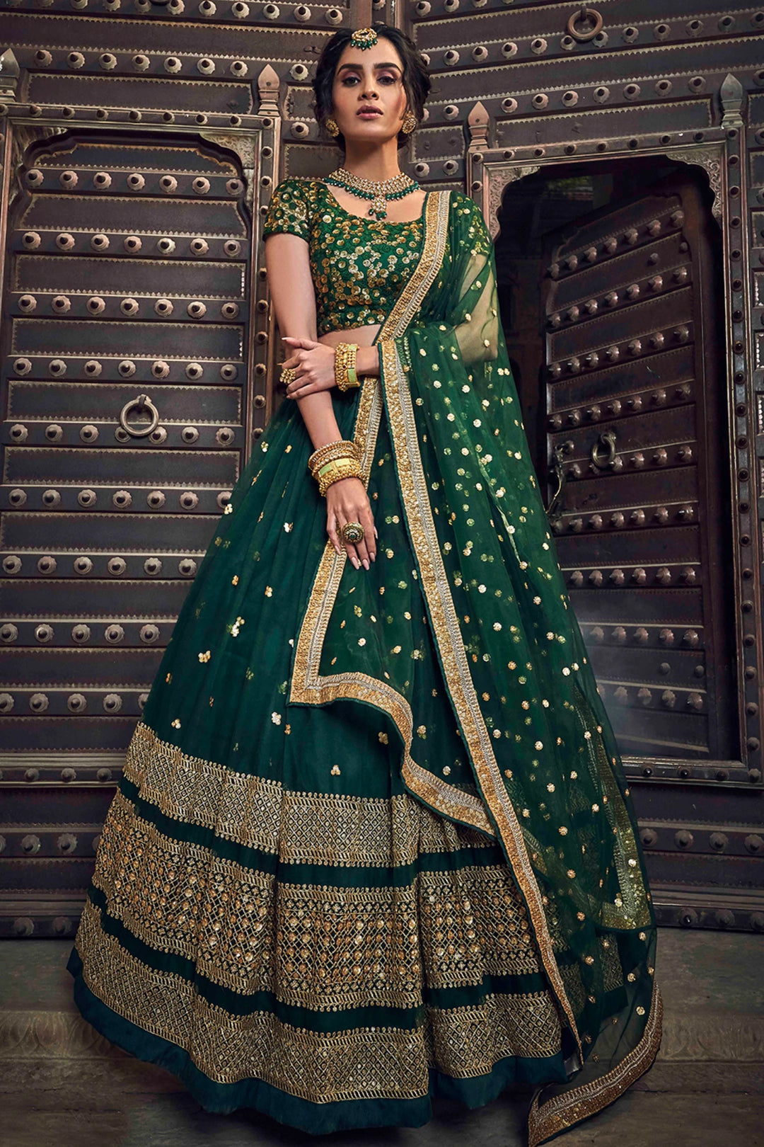 Green Soft Net Lehenga Choli | Sequins & Zari Bridal Outfit