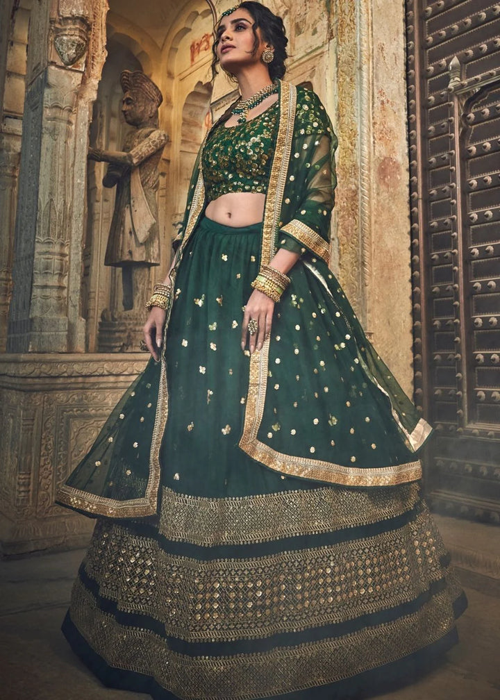 Green Soft Net Lehenga Choli | Sequins & Zari Bridal Outfit