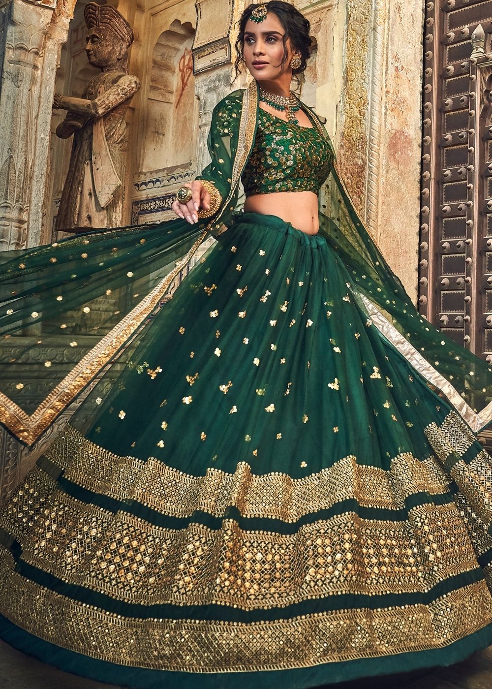 Green Soft Net Lehenga Choli | Sequins & Zari Bridal Outfit