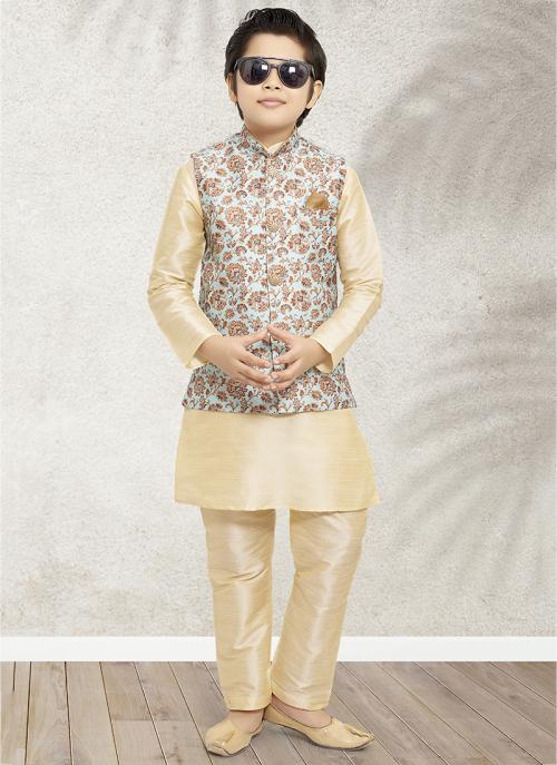 Royal Elegance Kids Kurta Pajama | Art Banarasi Silk Printed Jacket Set