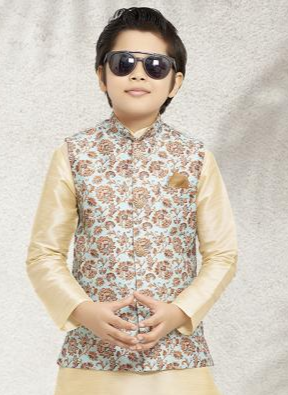 Royal Elegance Kids Kurta Pajama | Art Banarasi Silk Printed Jacket Set