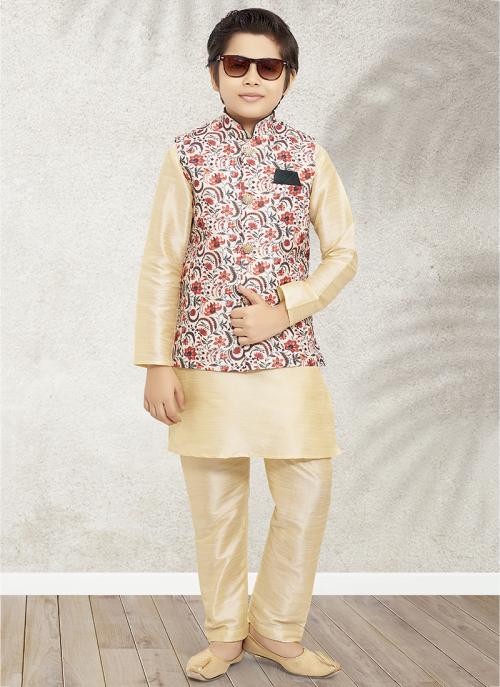 Fashionable Party Wear Art Silk Kurta Pajama | Kids Ethnic Set with Printed Jacket