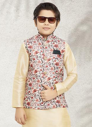 Fashionable Party Wear Art Silk Kurta Pajama | Kids Ethnic Set with Printed Jacket