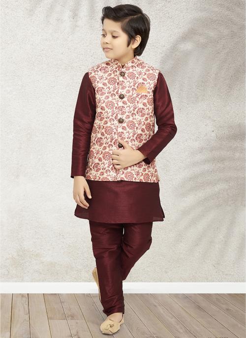 Royal Elegance Kids Kurta Pajama | Art Banarasi Silk Printed Jacket Set