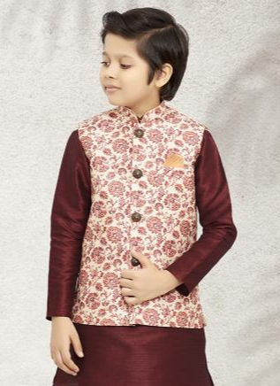 Royal Elegance Kids Kurta Pajama | Art Banarasi Silk Printed Jacket Set