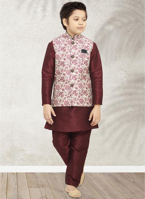 Royal Elegance Kids Kurta Pajama | Art Banarasi Silk Printed Jacket Set