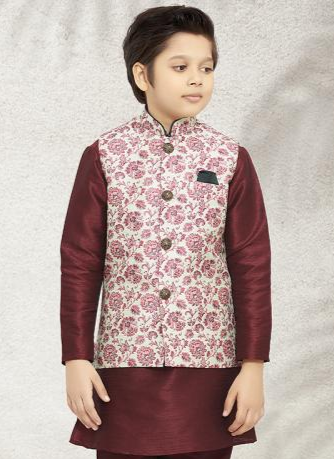 Royal Elegance Kids Kurta Pajama | Art Banarasi Silk Printed Jacket Set