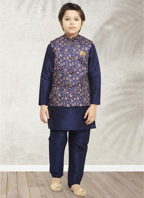 Ethnic Wear Kurta Pajama | Royal Blue Art Silk Kids Jacket Set