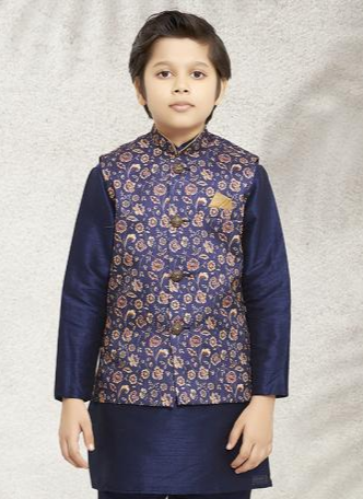 Ethnic Wear Kurta Pajama | Royal Blue Art Silk Kids Jacket Set