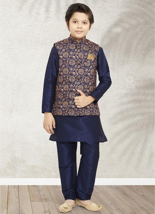 Royal Kids Outfit | Blue Banarasi Silk Printed Kurta Pajama with Jacket