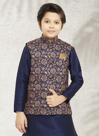 Royal Kids Outfit | Blue Banarasi Silk Printed Kurta Pajama with Jacket