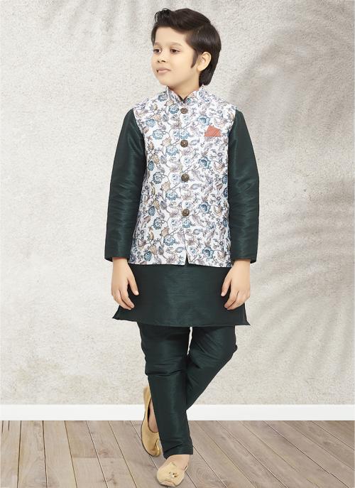 Modern Pista Green Art Silk Kurta Pajama | Printed Banarasi Jacket KidsWear