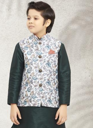 Modern Pista Green Art Silk Kurta Pajama | Printed Banarasi Jacket KidsWear