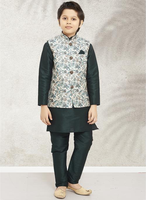 Trendy Kids Party Outfit | Printed Light Green Kurta Pajama With Jacket in Banarasi Silk