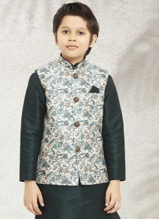 Trendy Kids Party Outfit | Printed Light Green Kurta Pajama With Jacket in Banarasi Silk