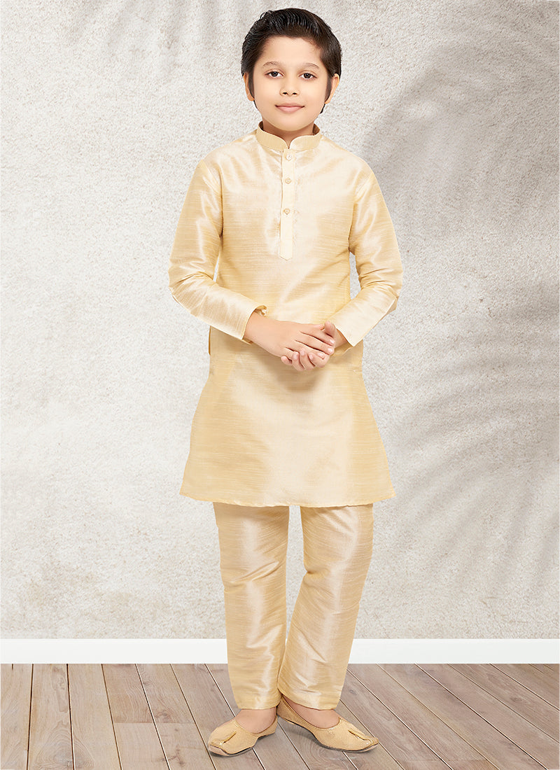 Royal Gold Banarasi Silk Kurta Pajama | Kids Ethnic Wear with Weaving