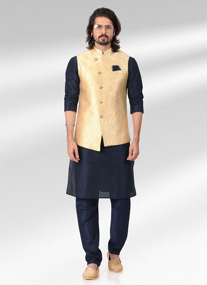 Elite Gold Banarasi silk  Kurta Pajama Jacket | Intricately Crafted for Cultural & Festive Excellence