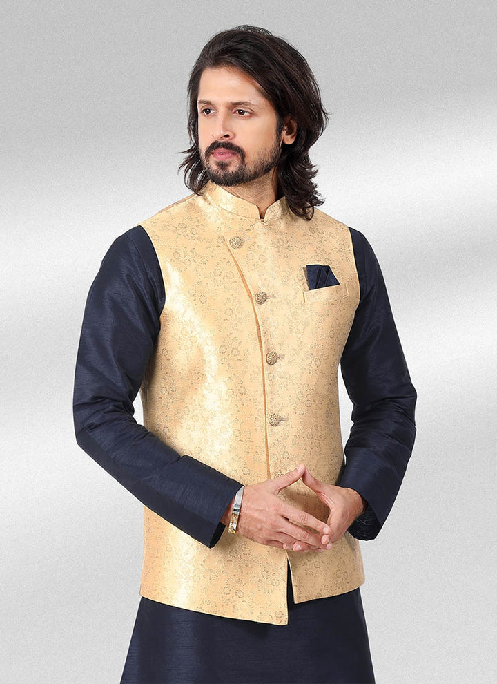 Elite Gold Banarasi silk  Kurta Pajama Jacket | Intricately Crafted for Cultural & Festive Excellence