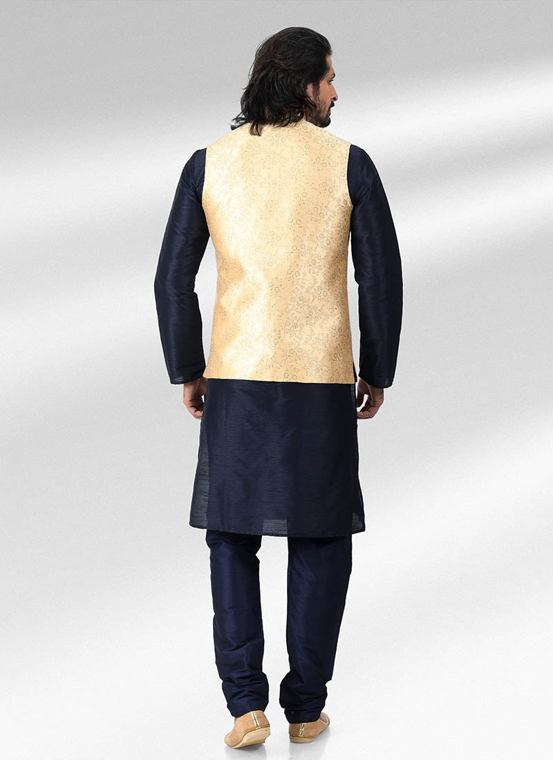 Elite Gold Banarasi silk  Kurta Pajama Jacket | Intricately Crafted for Cultural & Festive Excellence