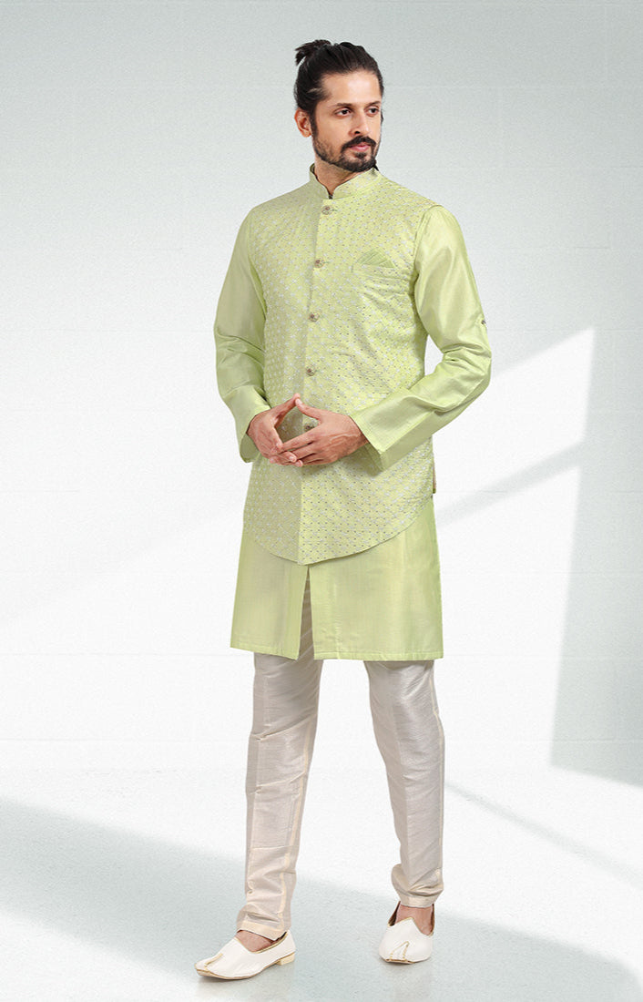 Glamorous Pista Green  Banarasi silk Premium | Fashioned for Classic Charm Kurta Pajama  Jacket