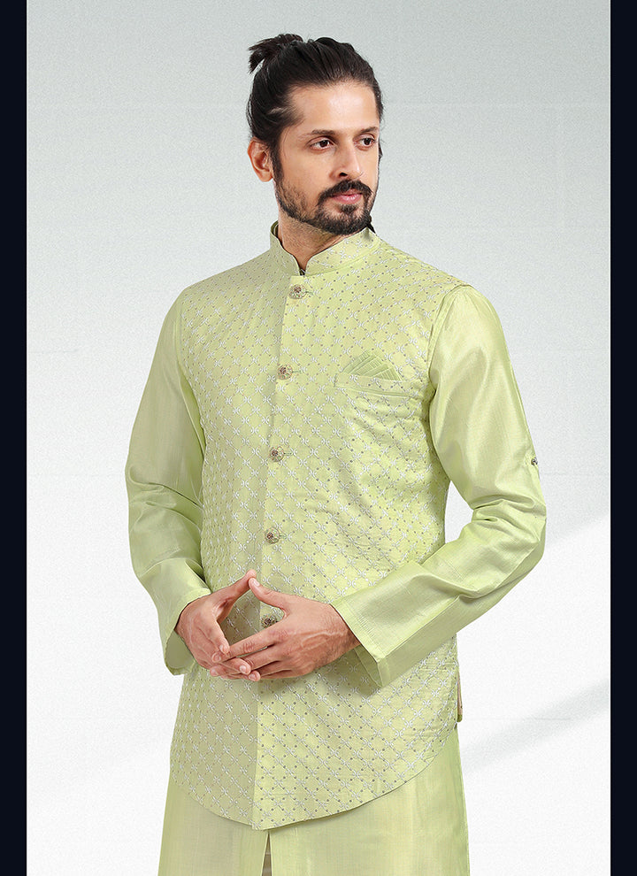 Glamorous Pista Green  Banarasi silk Premium | Fashioned for Classic Charm Kurta Pajama  Jacket