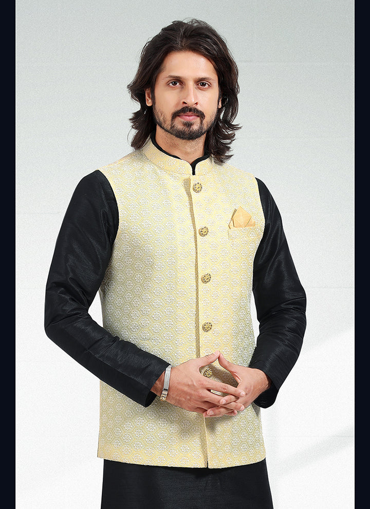 Handwoven Light Yellow Banarasi silk  Kurta Pajama Jacket| Enriched  Graceful Aesthetic